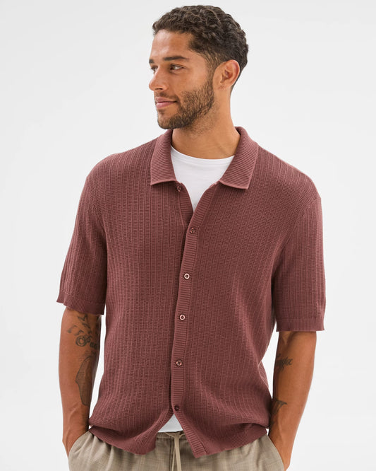Australian Cotton Textured Stripe Knit Shirt - Preview - Brick