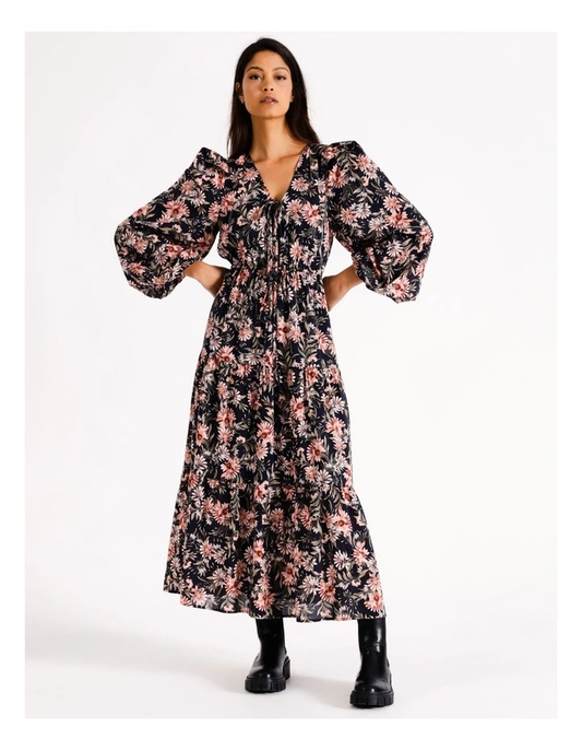 Cotton Voile Blend Tie Front Midi Tiered Dress in Navy Multi